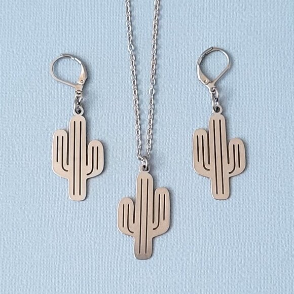 CACTUS Stainless Steel Charm Chain 18" Necklace Earrings Set Western Cowgirl - Picture 5 of 11